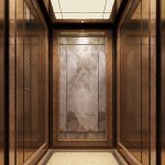 Golden fashion lift doors. Office hallway with closed, half closed and open elevator cabins.office building elevator 3D render, 3D image. Inside the elevator