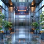 Lobby interior with two elevators. Modern elevator with metal doors, with bright lighting